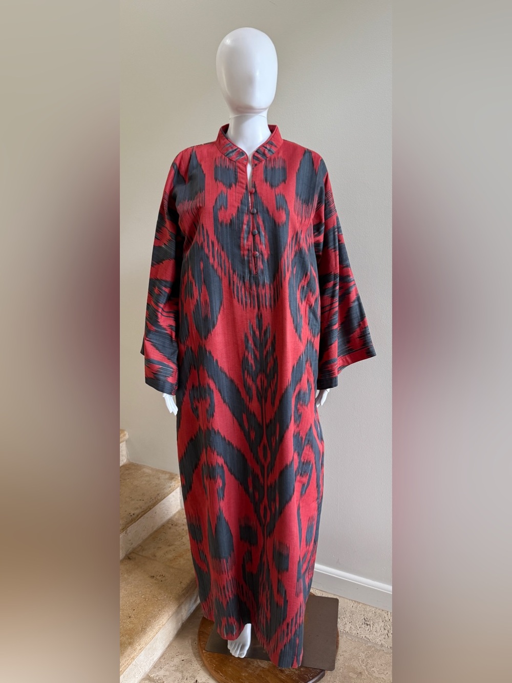 BIBI HANUM Ikat-Print Cotton Tunic Maxi Dress, Size Large